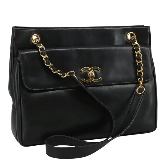 CHANEL COCO Mark Chain Shoulder Bag Lamb Skin Black Gold CC Auth 109490 - Picture 1 of 15